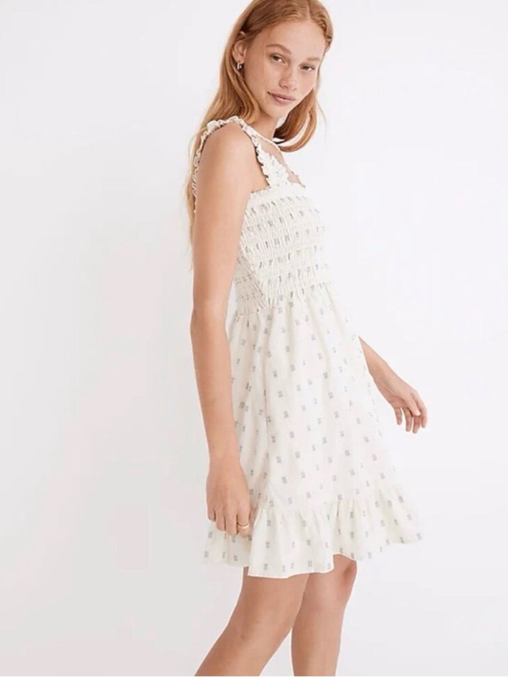 Madewell Cream Smocked Top with Navy Print - size Small
